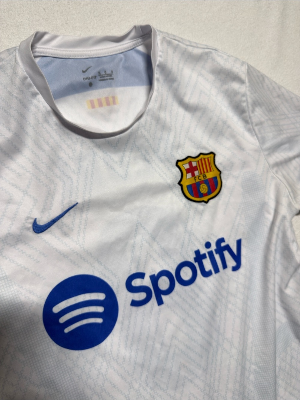Nike White FC Barcelona Spotify Away Jersey with Blue and Red Accents - Picture 7 of 8